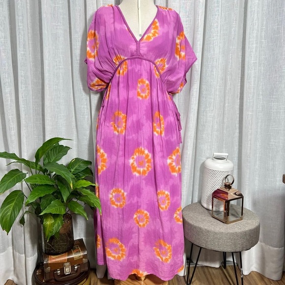 Zara Pink and Orange 100% Cotton Kaftan Maxi Dress NWOT - Picture 2 of 5